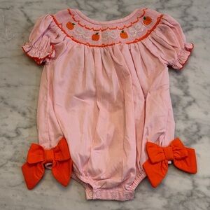 Pink Baby pumpkin Bubble Romper with Orange Bow Accents